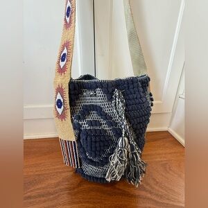 Colombian Mochila tote shoulder bag satchel beaded navy Boho, Guadalupe Design